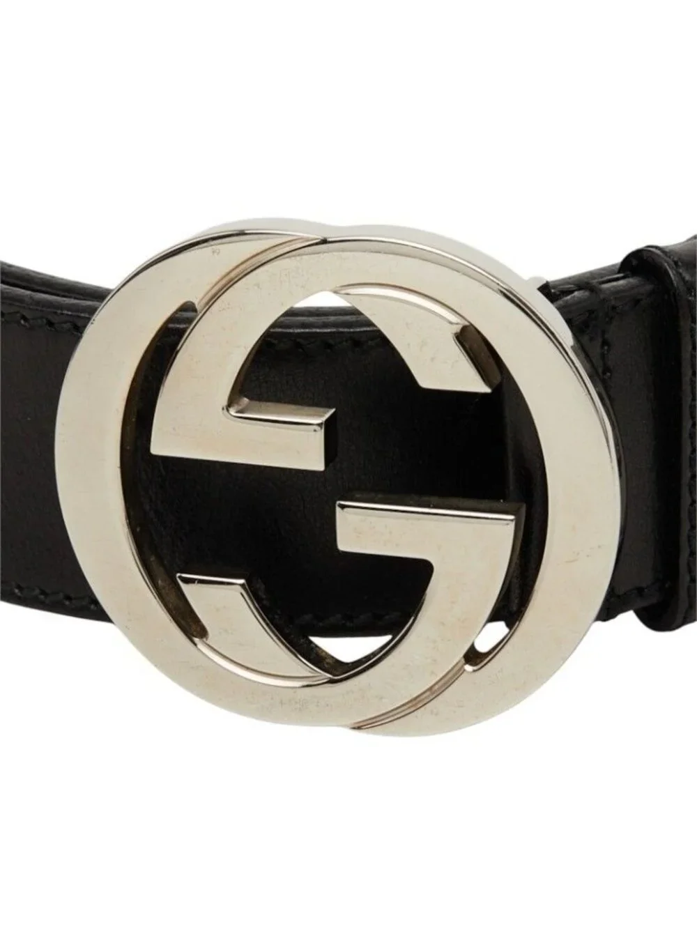 Gucci Interlocking G GG Logo Buckle Belt Black Silver Leather